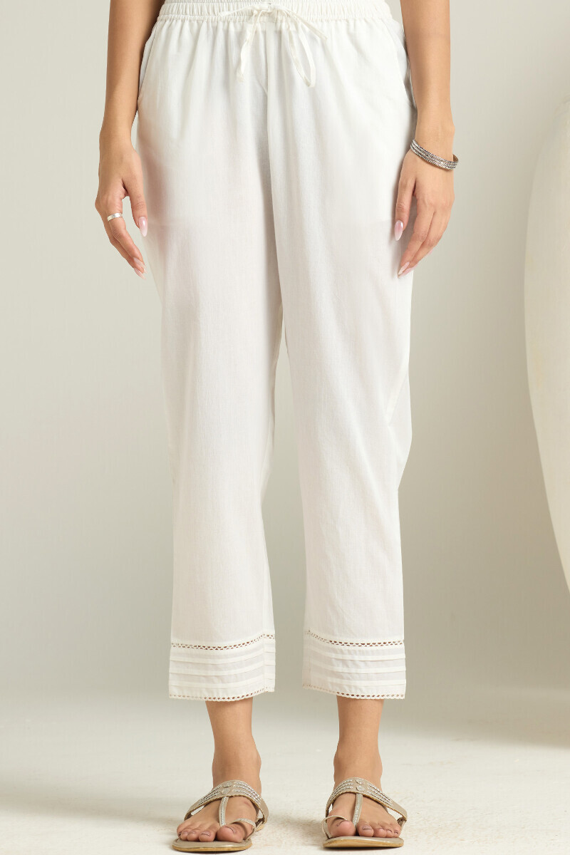 White Handcrafted Cotton Narrow Pants