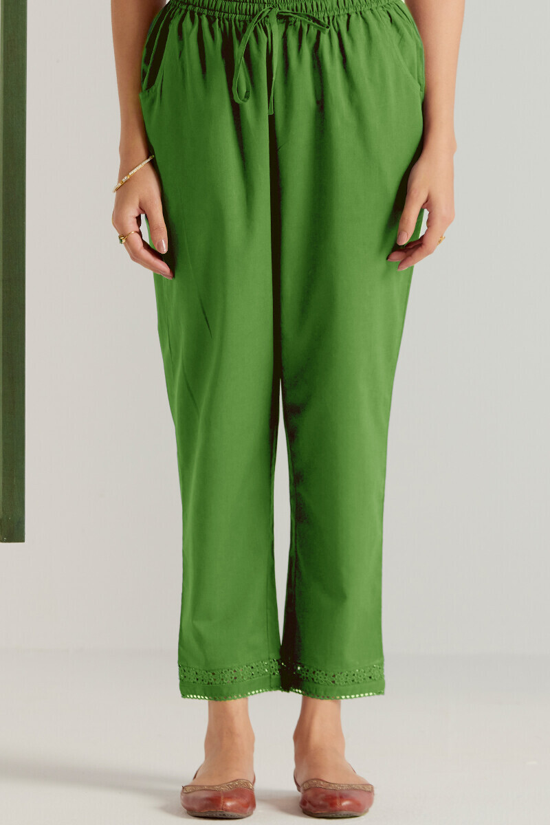 Green Handcrafted Cotton Narrow Pants
