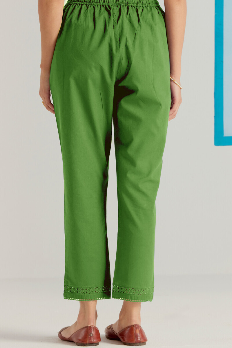 Green Handcrafted Cotton Narrow Pants
