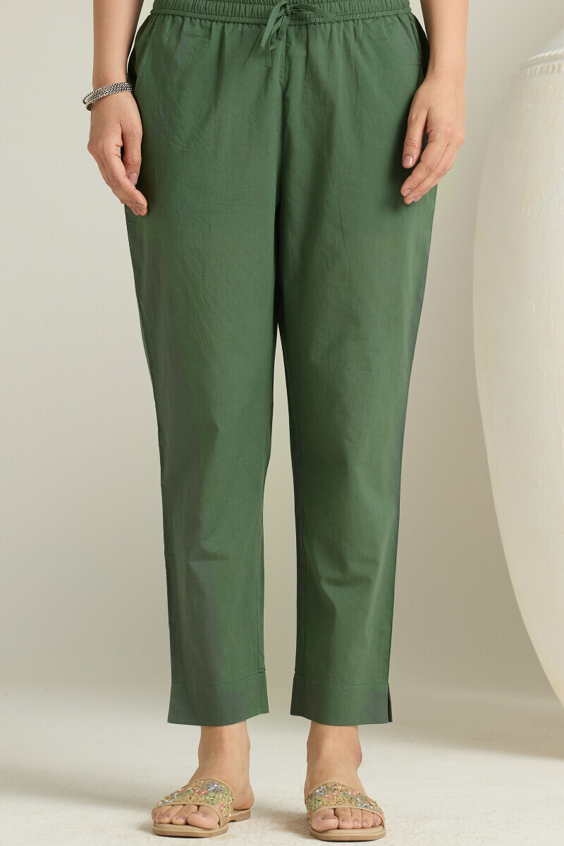 Green Handcrafted Cotton Narrow Pants