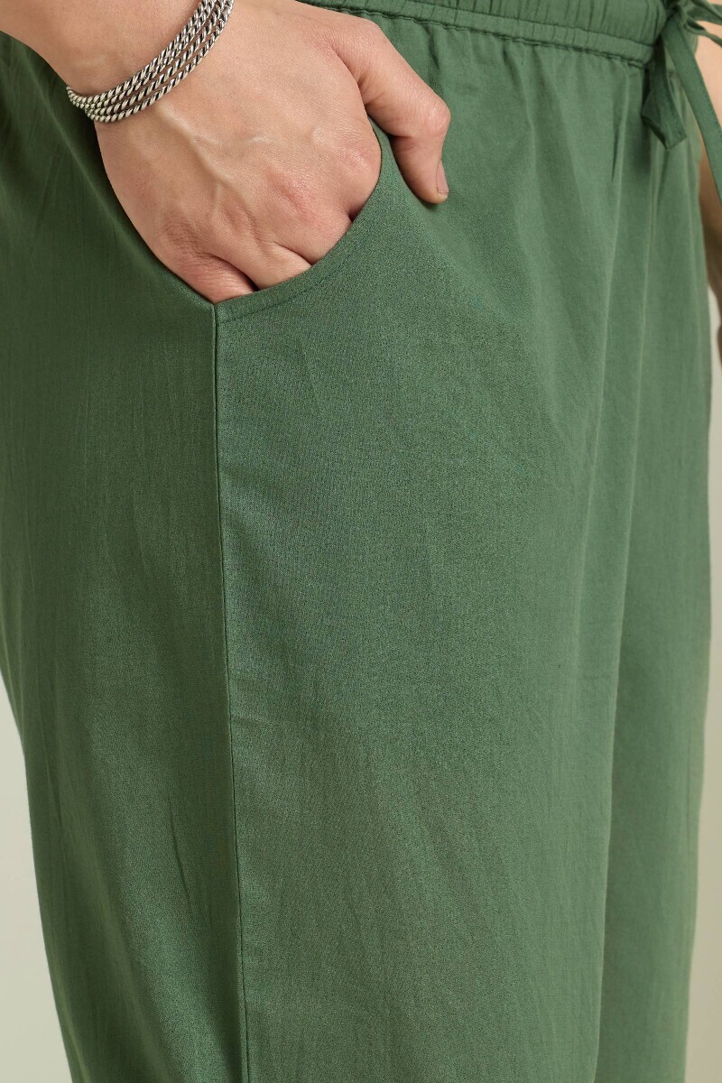 Green Handcrafted Cotton Narrow Pants