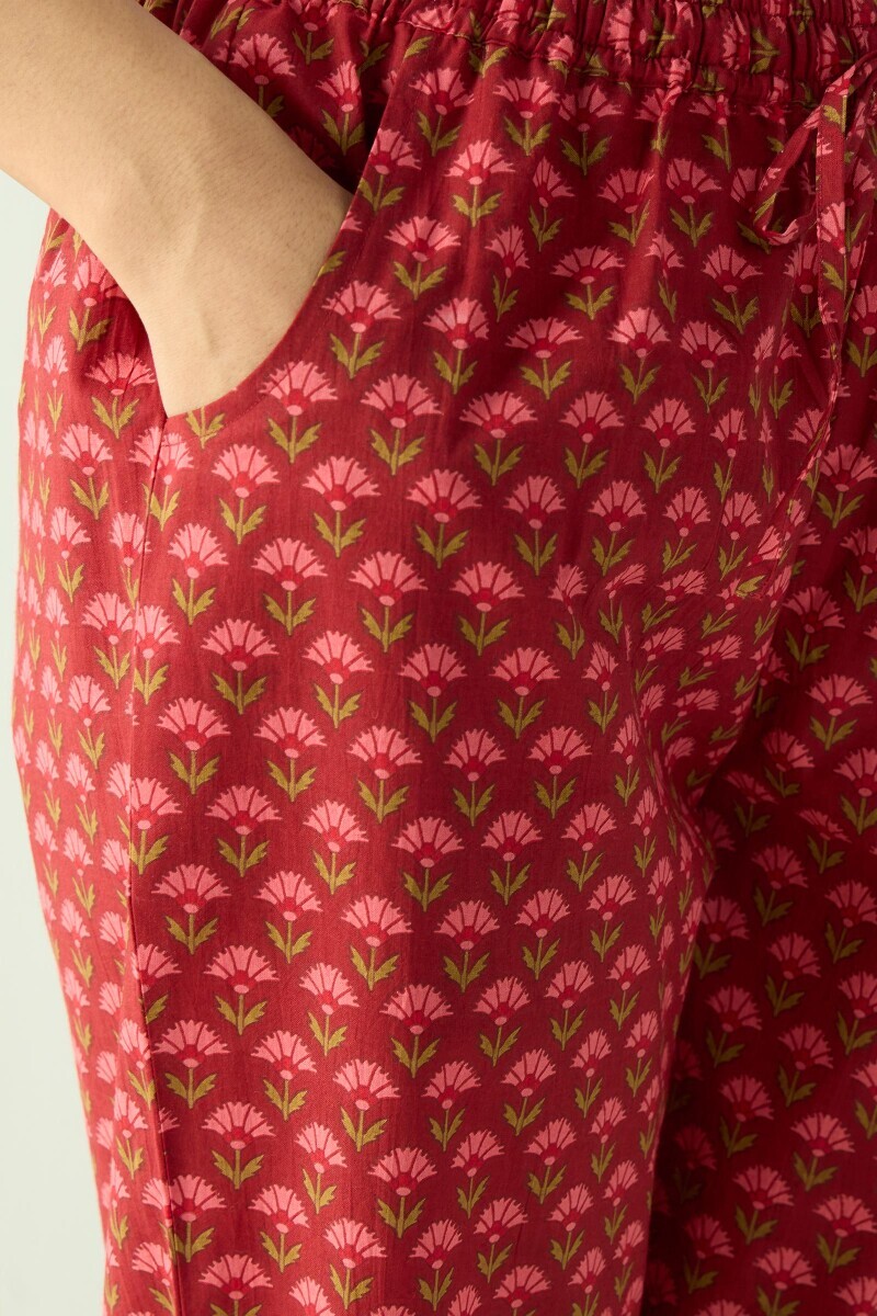 Maroon Hand Printed Cotton Narrow Pants