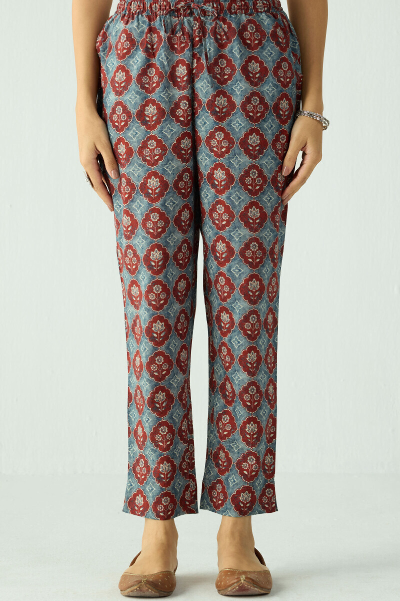 Blue Printed Cotton Narrow Pants