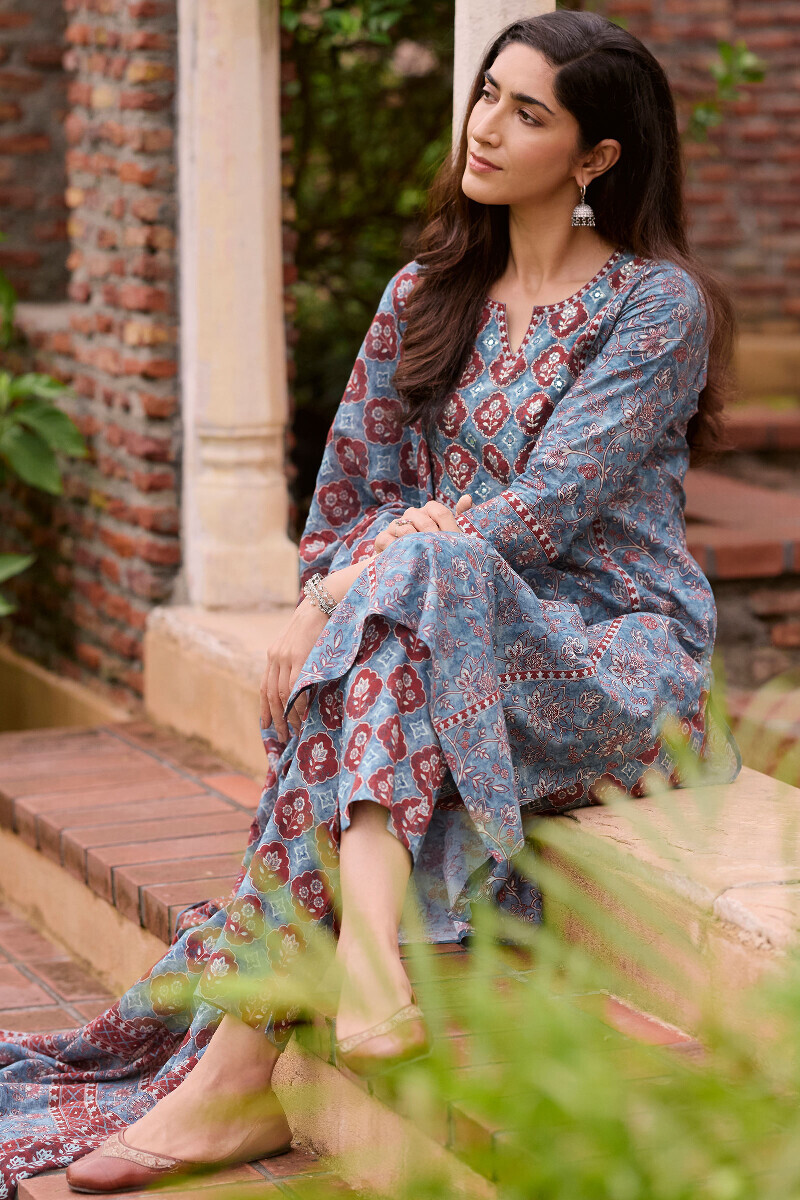 Blue Printed Cotton Narrow Pants