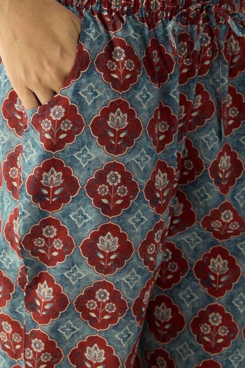 Blue Printed Cotton Narrow Pants