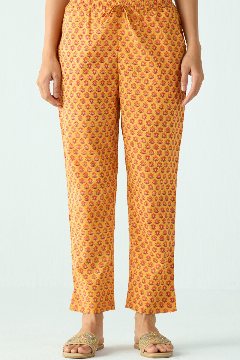 Mustard Hand Printed Cotton Dobby Narrow Pants