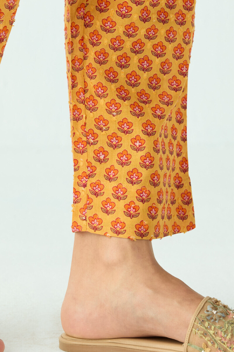 Mustard Hand Printed Cotton Dobby Narrow Pants