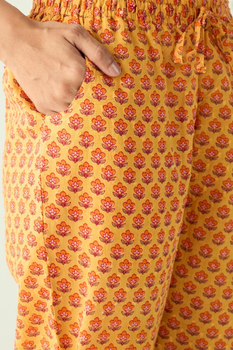 Mustard Hand Printed Cotton Dobby Narrow Pants