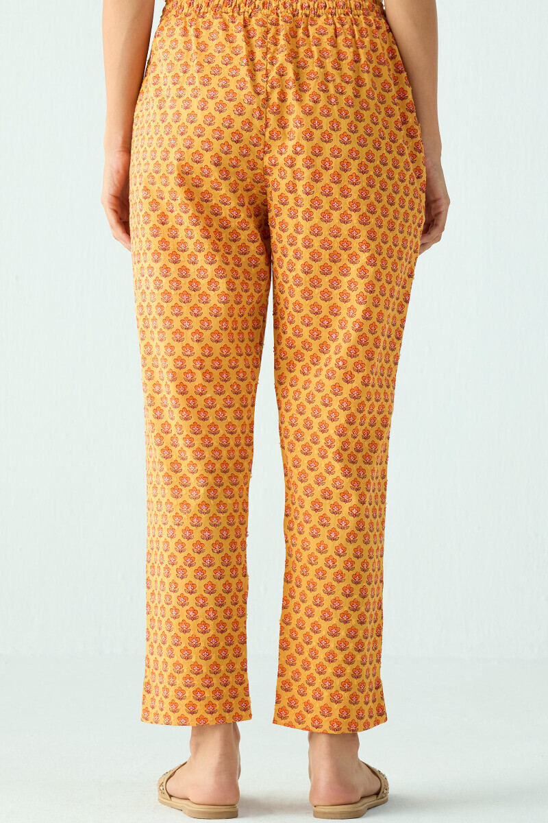 Mustard Hand Printed Cotton Dobby Narrow Pants
