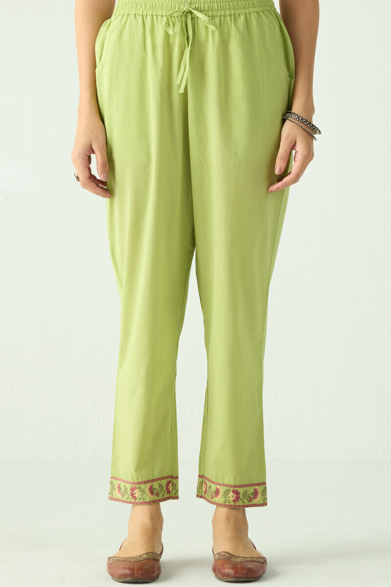 Green Handcrafted Cotton Narrow Pants