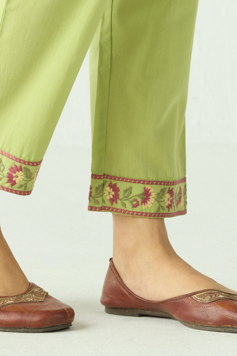 Green Handcrafted Cotton Narrow Pants