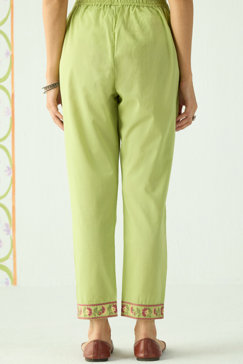 Green Handcrafted Cotton Narrow Pants