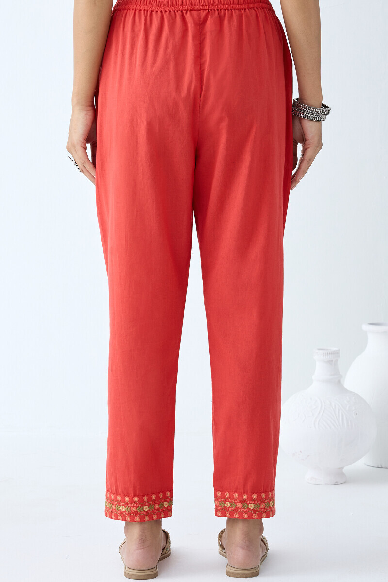 Red Handcrafted Cotton Dobby Narrow Pants