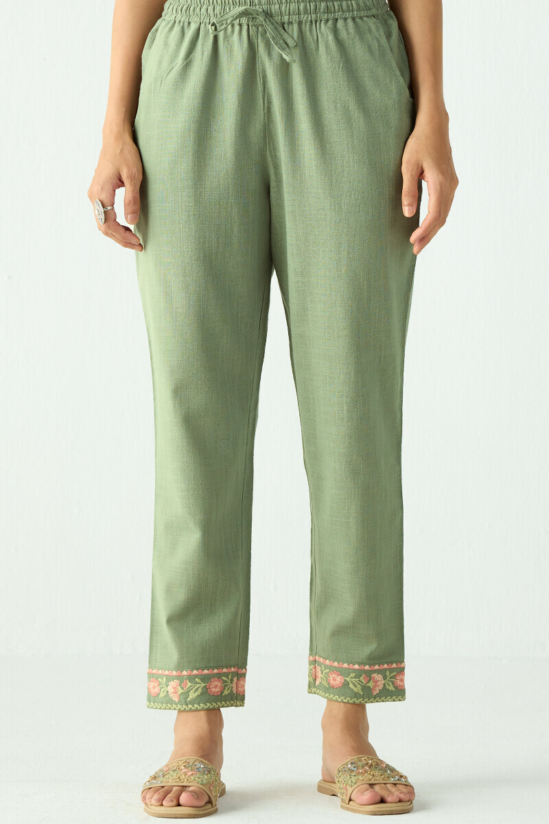 Green Handcrafted Gauze Slub Narrow Pants