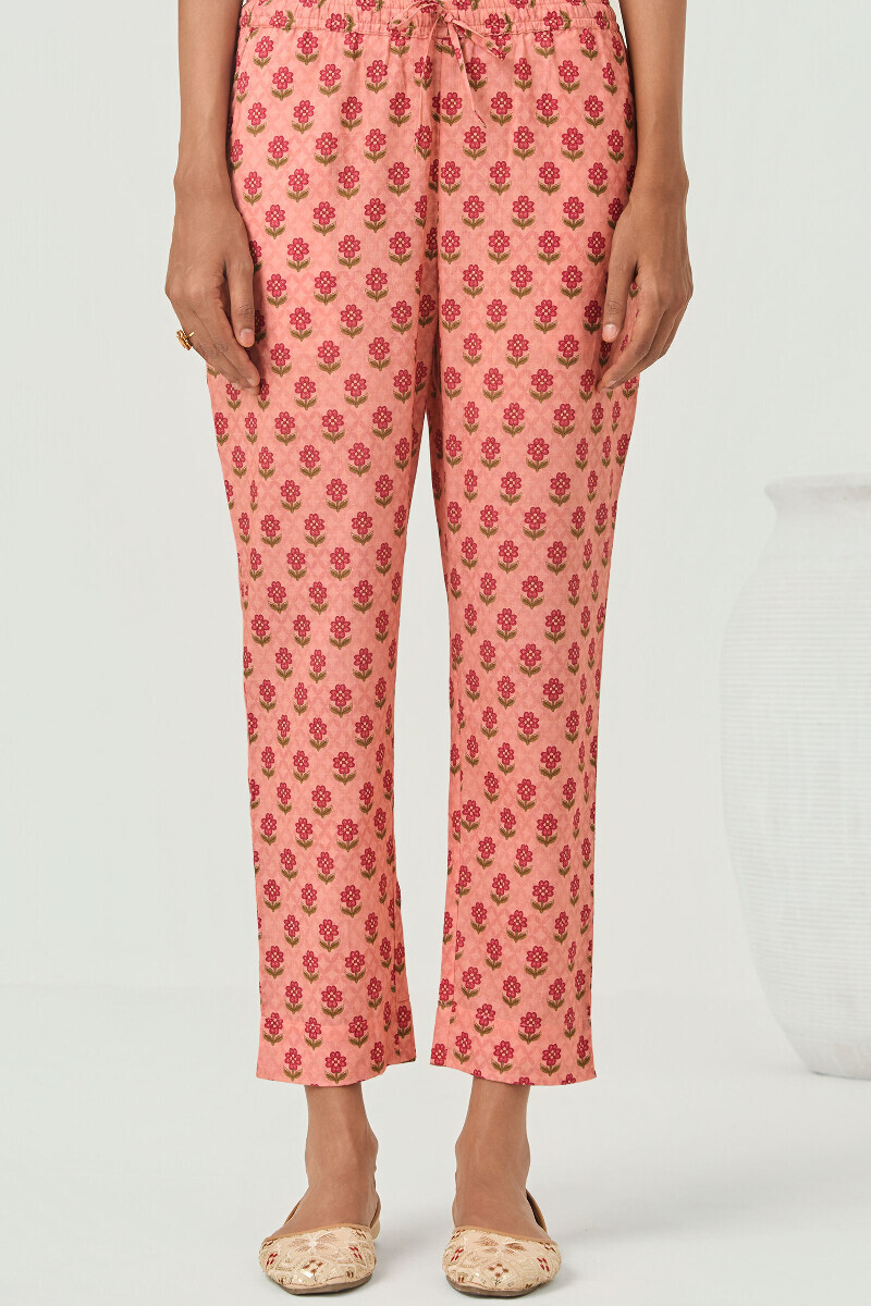 Peach Printed Cotton Narrow Pants