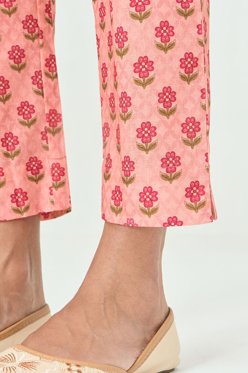 Peach Printed Cotton Narrow Pants