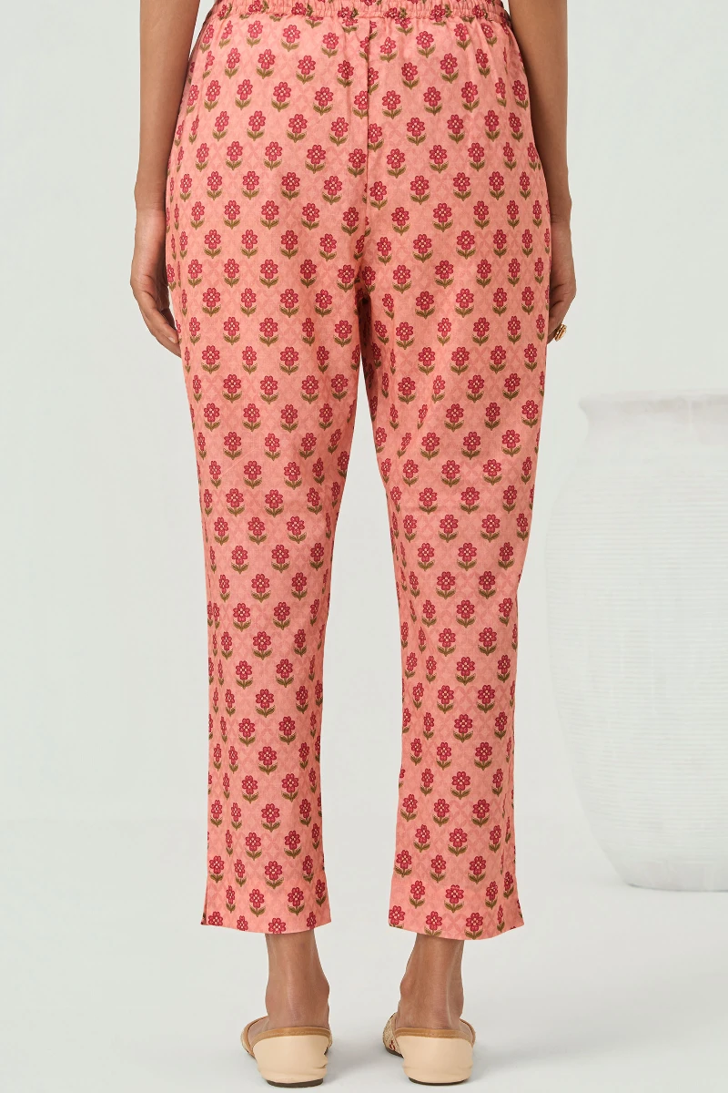 Peach Printed Cotton Narrow Pants