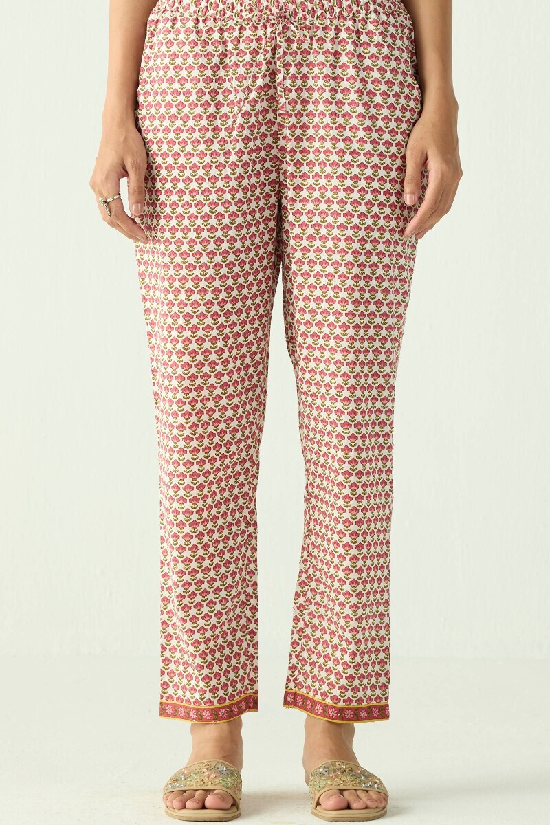 Pink Hand Printed Cotton Dobby Narrow Pants