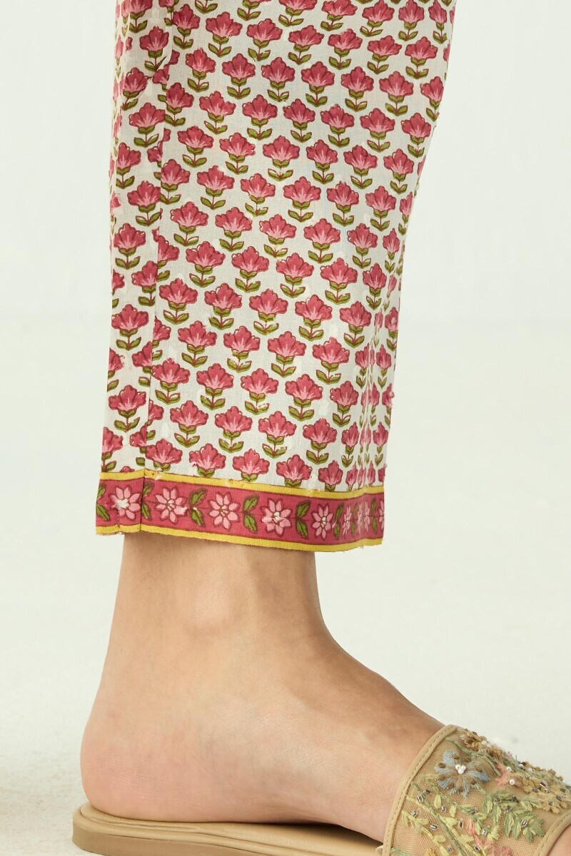 Pink Hand Printed Cotton Dobby Narrow Pants