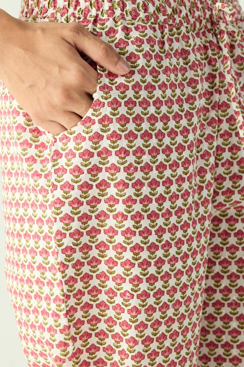 Pink Hand Printed Cotton Dobby Narrow Pants