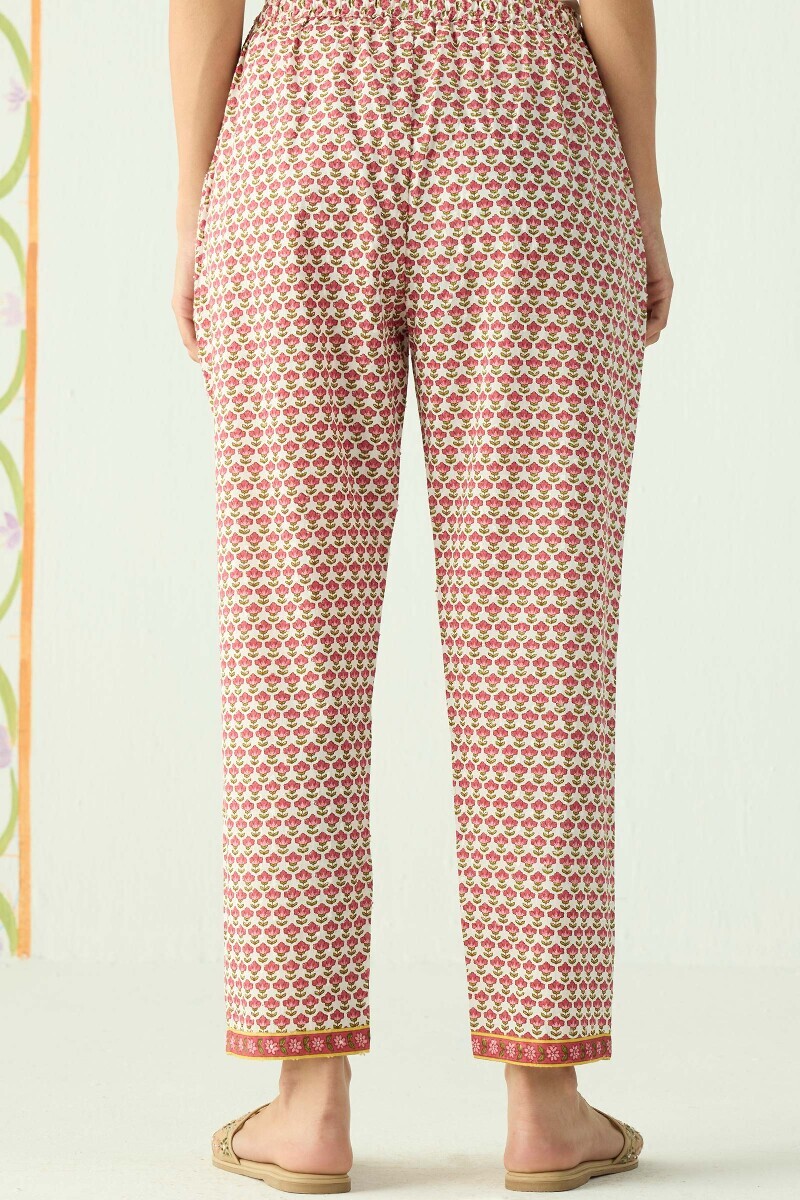 Pink Hand Printed Cotton Dobby Narrow Pants