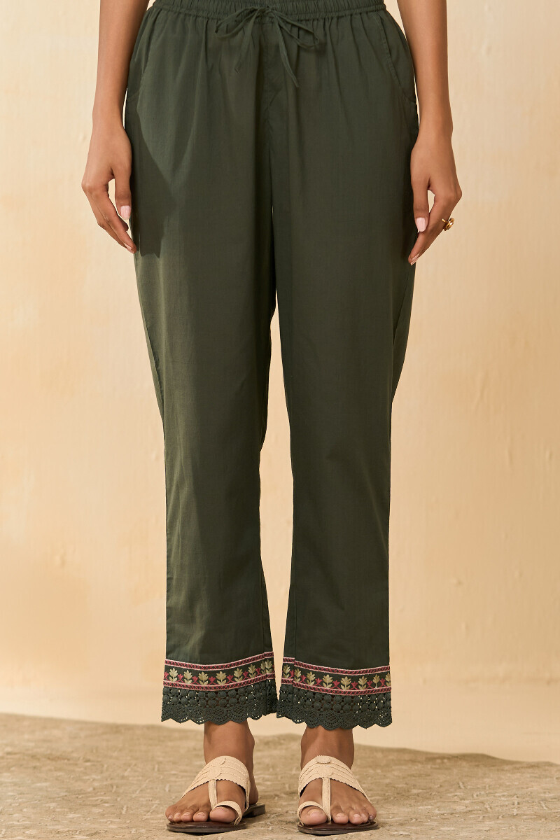 Green Handcrafted Cotton Narrow Pants