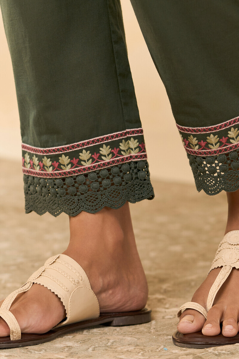 Green Handcrafted Cotton Narrow Pants