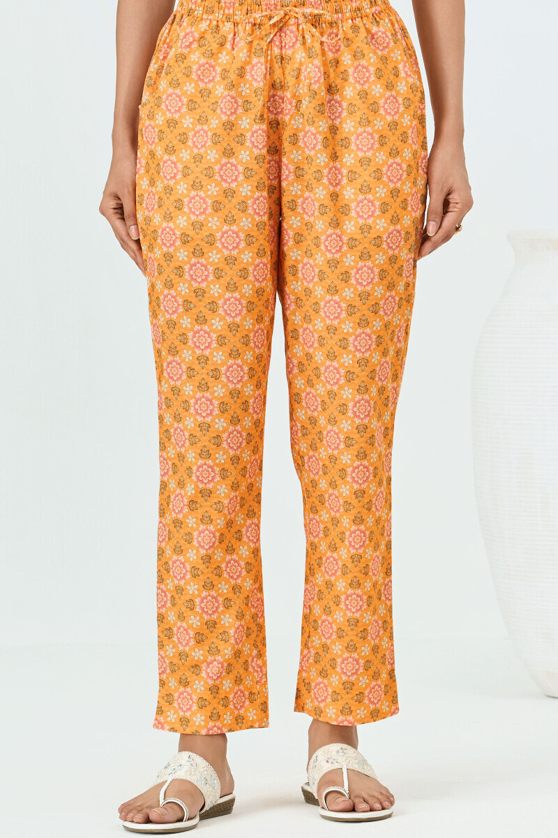 Yellow Printed Cotton Narrow Pants