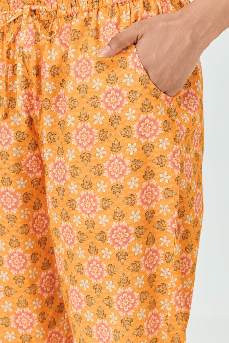 Yellow Printed Cotton Narrow Pants