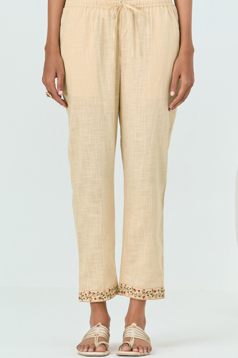 Beige Handcrafted Gauze Slub Narrow Pants
