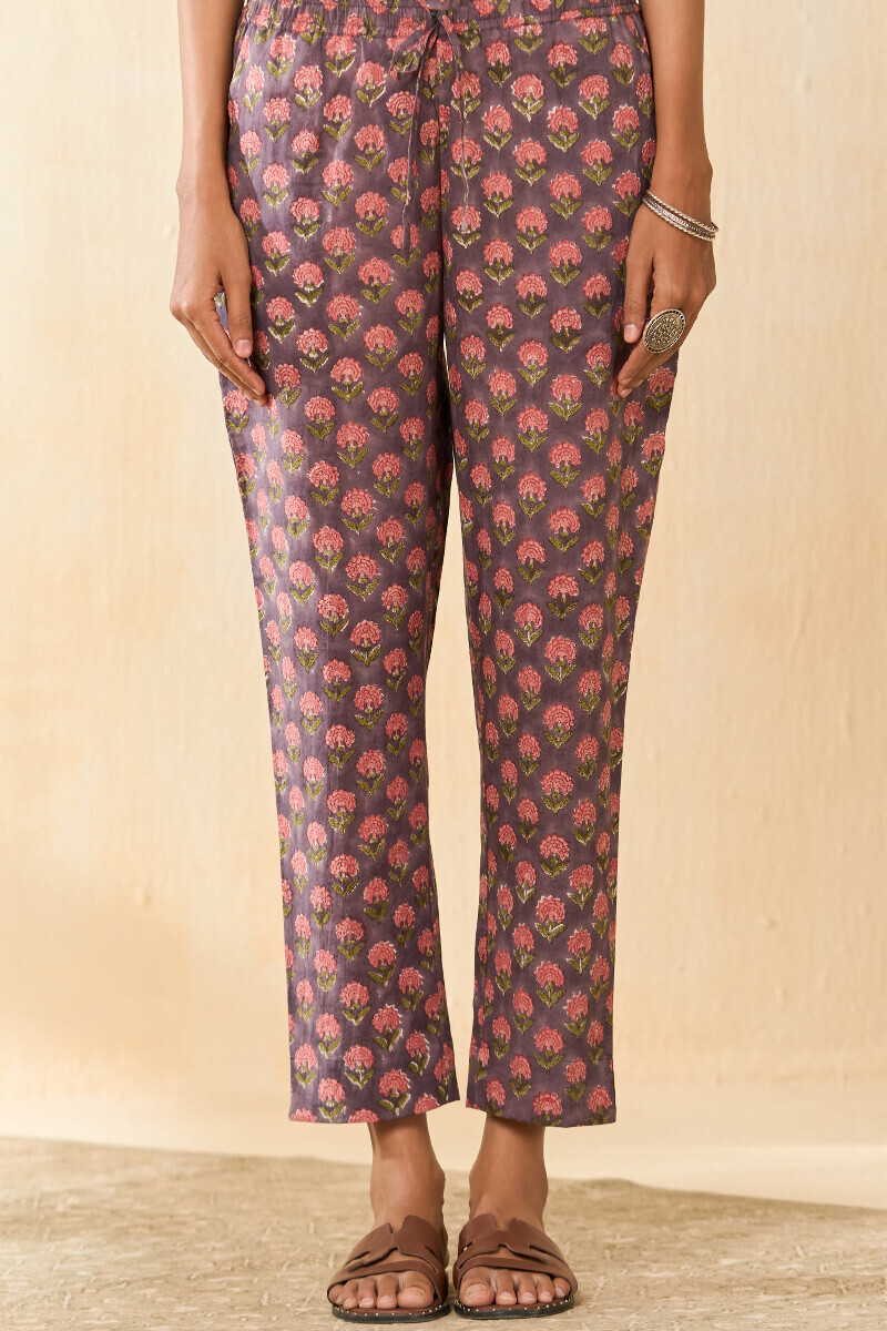 Mauve Hand Block Printed Cotton Narrow Pants