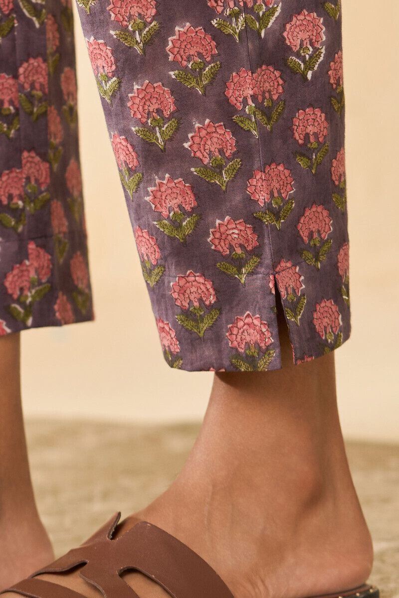 Mauve Hand Block Printed Cotton Narrow Pants