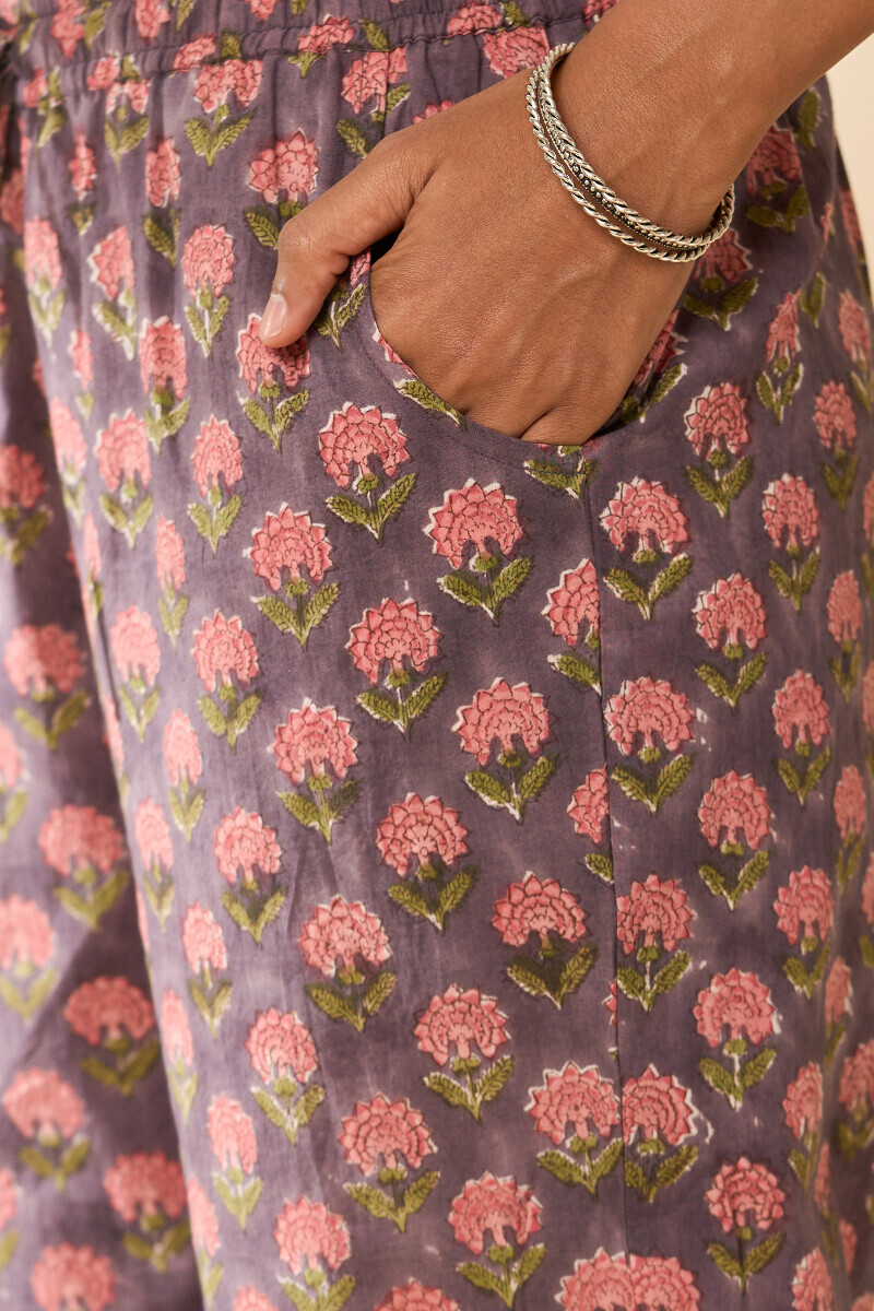 Mauve Hand Block Printed Cotton Narrow Pants