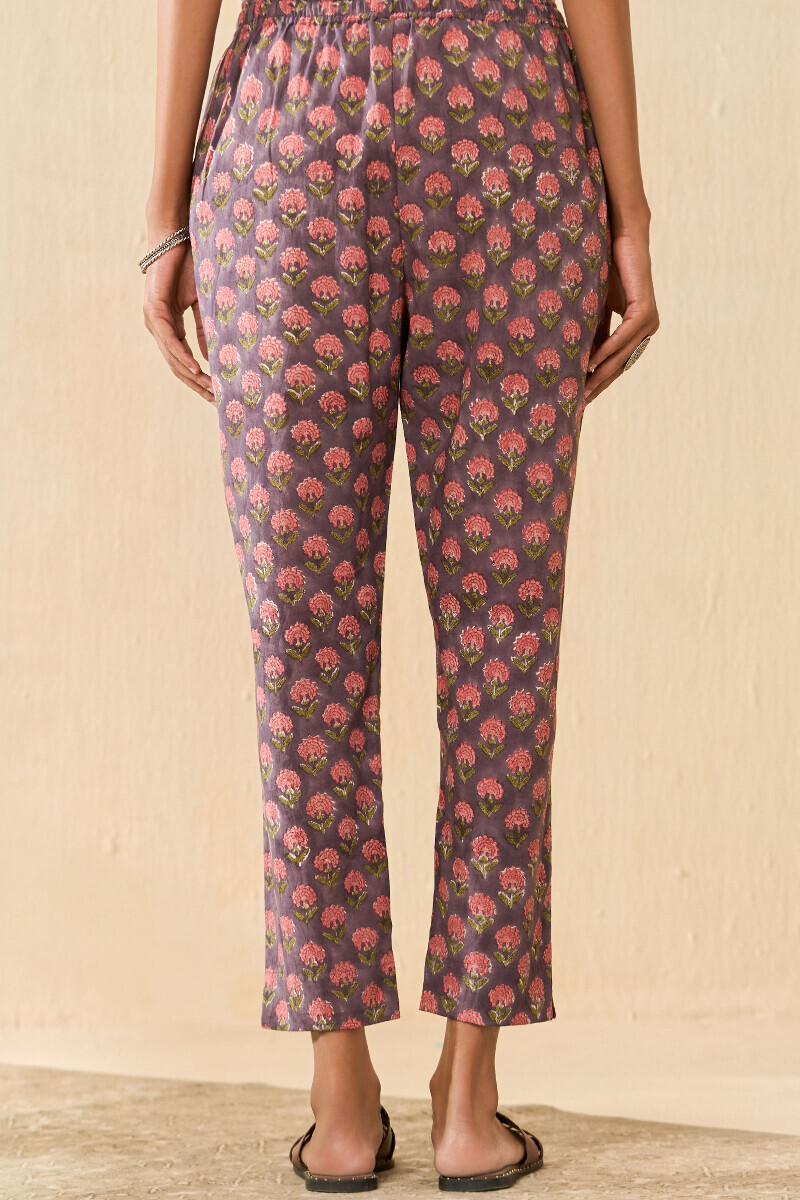 Mauve Hand Block Printed Cotton Narrow Pants