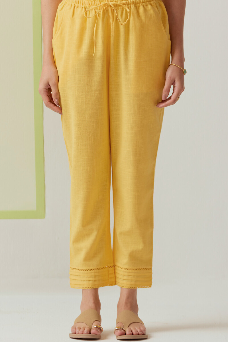 Yellow Handcrafted Gauze Slub Narrow Pants