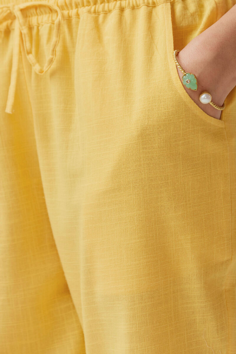 Yellow Handcrafted Gauze Slub Narrow Pants
