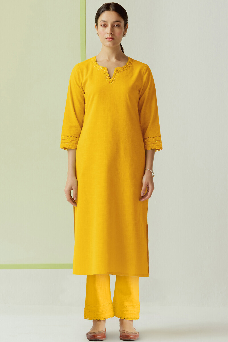 Yellow Handcrafted Gauze Slub Narrow Pants