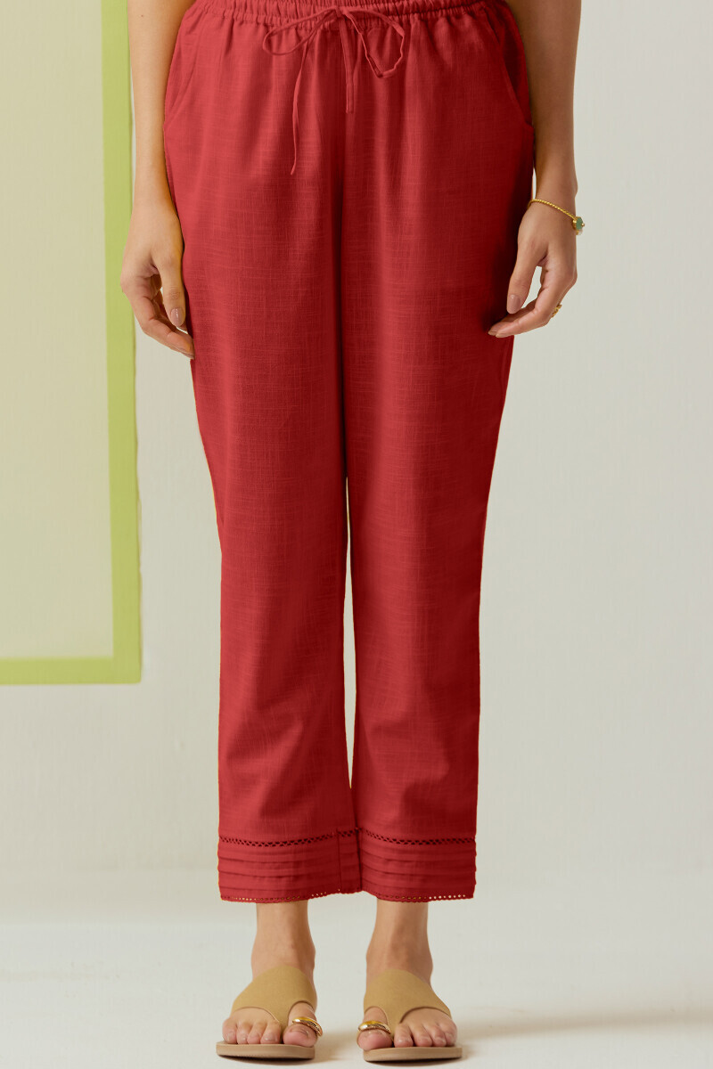 Red Handcrafted Gauze Slub Narrow Pants