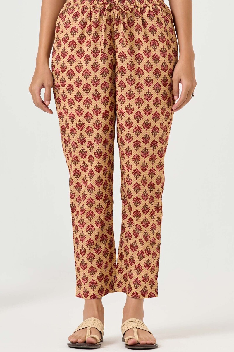 Beige Printed Cotton Narrow Pants