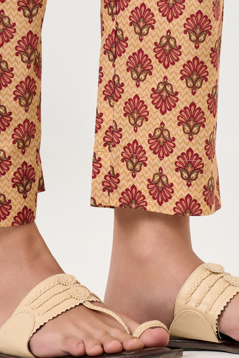 Beige Printed Cotton Narrow Pants