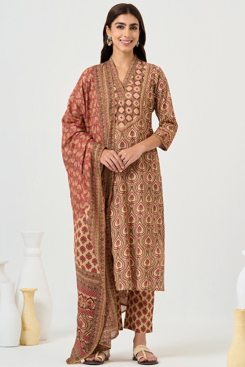 Beige Printed Cotton Narrow Pants