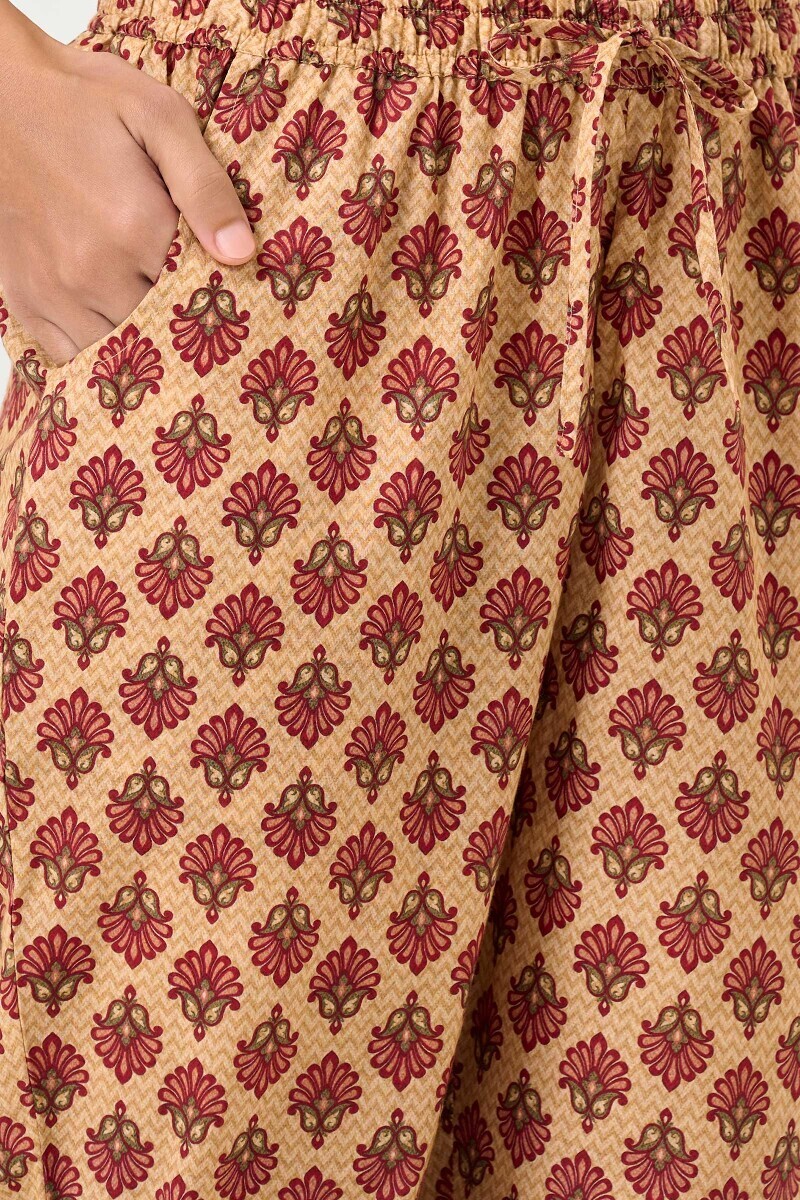 Beige Printed Cotton Narrow Pants