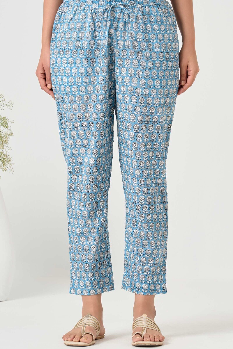 Blue Hand Block Printed Ram Buta Narrow Pants