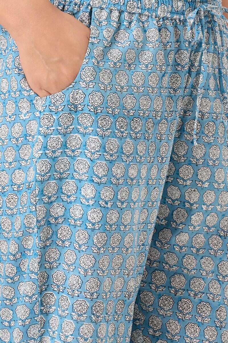 Blue Hand Block Printed Ram Buta Narrow Pants