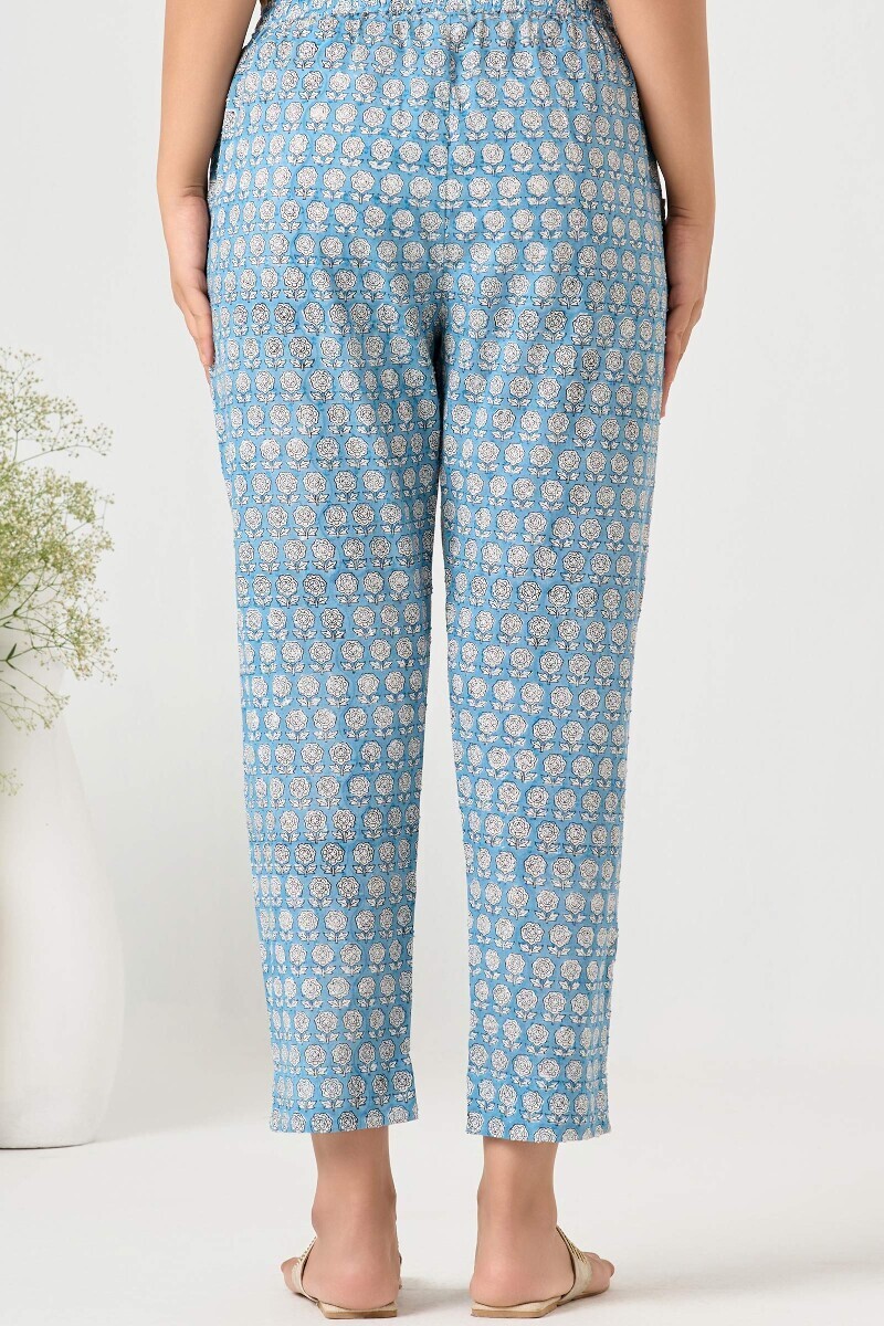 Blue Hand Block Printed Ram Buta Narrow Pants