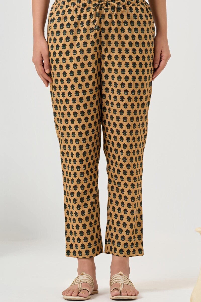 Beige Printed Cotton Narrow Pants