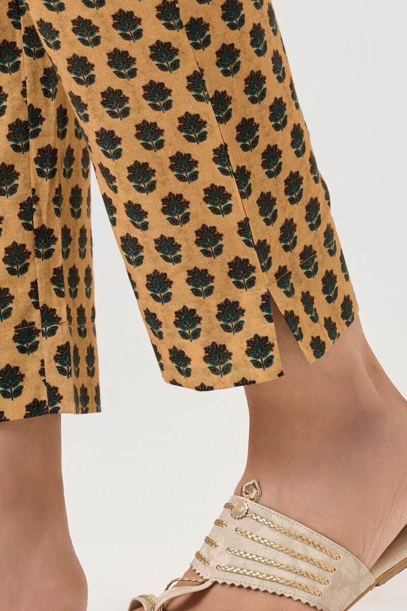 Beige Printed Cotton Narrow Pants