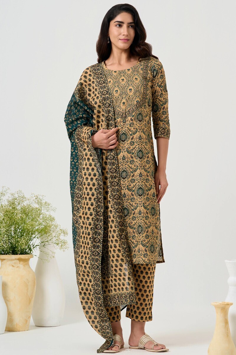 Beige Printed Cotton Narrow Pants