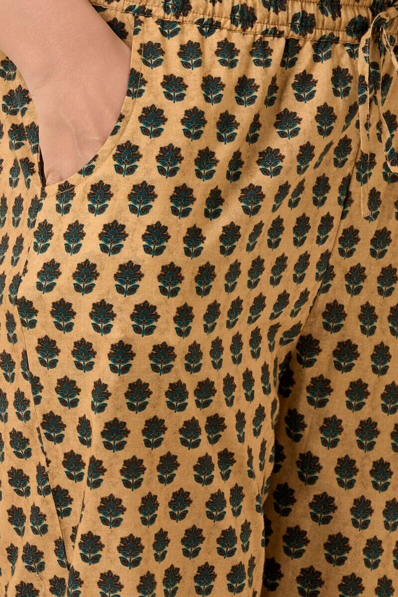 Beige Printed Cotton Narrow Pants