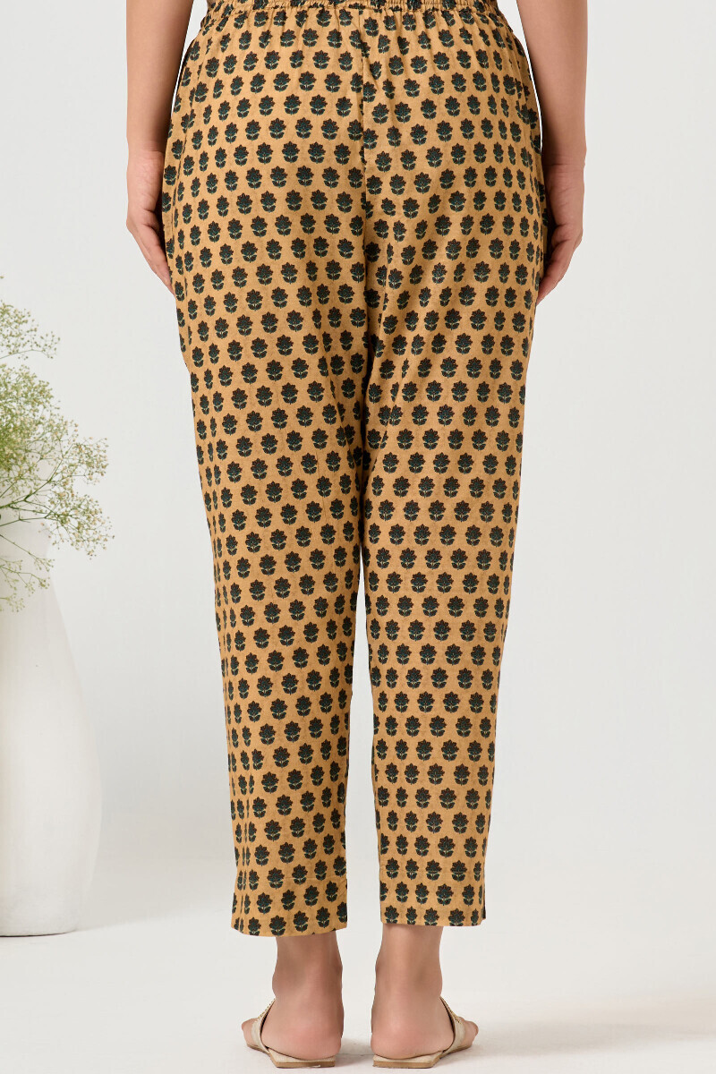 Beige Printed Cotton Narrow Pants